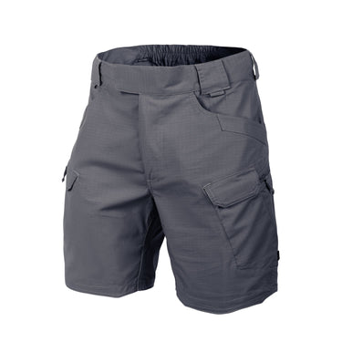 Dark gray cargo shorts with elastic waist and side cargo pockets