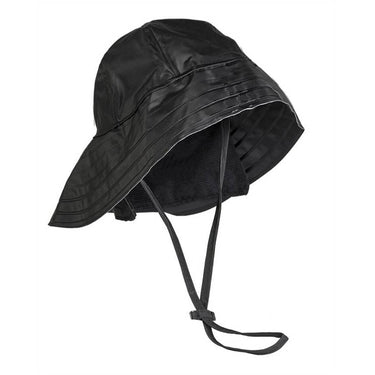 Black rain hat with stitched panels, wide brim, and chin ties
