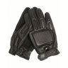 Black combat leather gloves with stitched knuckle pads and wrist cuff