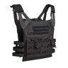 Black MOLLE plate carrier vest with front panel straps and padded shoulder sections.