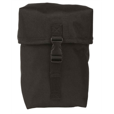 Dark multi-purpose belt pouch, front view with top flap and vertical webbing strap