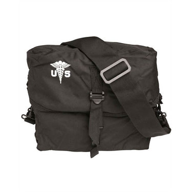 Black medical kit bag with webbing strap and front flap with buckle
