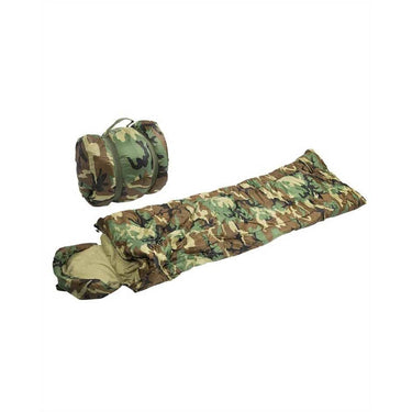 US Woodland camouflage sleeping bag with rolled hood and attached foot section