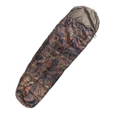 Woodland camouflage mummy sleeping bag with hood and drawstring closure