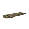 Olive travel sleeping bag with quilted baffle sections, laid flat