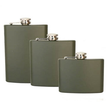 Olive drab stainless steel flask set with screw caps, three flasks