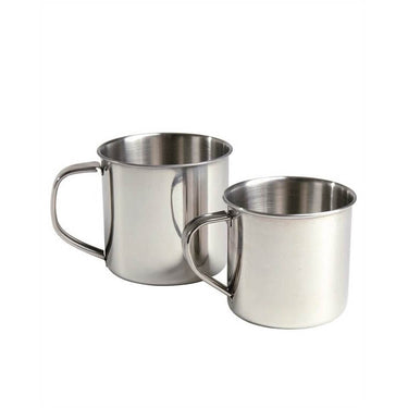Stainless steel mug set of two, front view with curved handles and brushed finish.