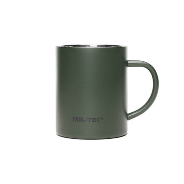 Insulated stainless steel mug in olive drab, centered front view with curved handle.