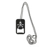 Skull dog tag bottle opener with bead chain, black tag and white crossbones skull