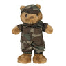 Woodland camo teddy bear outfit with cap, jacket, vest and matching shorts, plush bear
