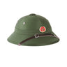 Olive drab pith helmet with star insignia and brown chinstrap