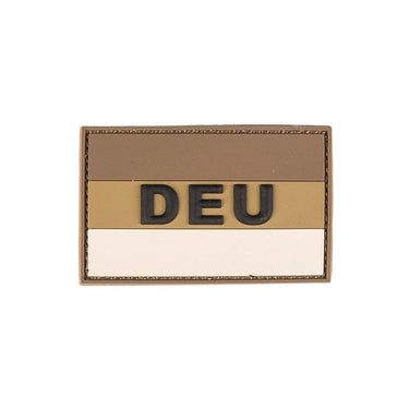 DEU PVC tactical patch with tan-brown border, olive top band, and white stripe