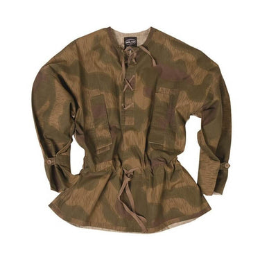 Camo sniper anorak with stand collar, front tie, chest patch panels, long sleeves