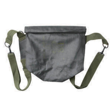 Black gas mask bag with top seam and two shoulder straps, front view