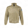 Tan hooded bomber jacket with full front zipper and ribbed cuffs