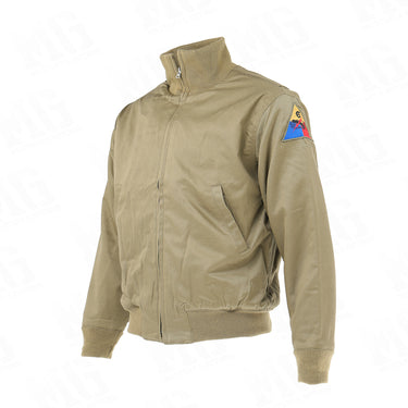 Tan bomber jacket with front zipper, angled pocket seam, and ribbed cuffs