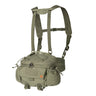 Olive Cordura belt rig with shoulder harness and front zip pouch, adjustable straps