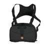 Black chest pack with mesh shoulder harness and front panel pouches