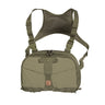 Olive green chest pack with mesh shoulder harness and front panel pouches