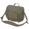 Olive green courier bag with tan front organizer panel, flap, and shoulder strap