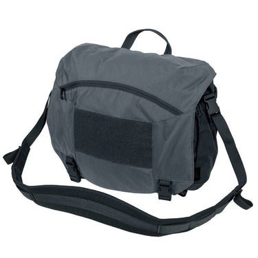 Dark gray courier bag with front organizer panel, flap, and adjustable shoulder strap