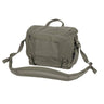 Medium courier bag in olive with gray front flap pocket and shoulder strap