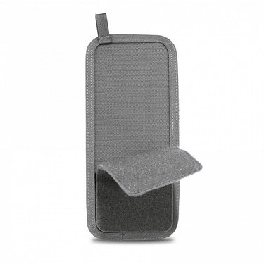 Cinder grey mesh zip pouch with foldover fabric panel and interior opening