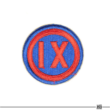 US Army 9th Corps patch with blue center, red trim, and red IX letters
