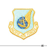 Embroidered military patch, light blue shield with blue emblem and gold border and text