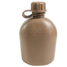 Coyote brown plastic canteen with screw cap and carrying clip, engraved warning text