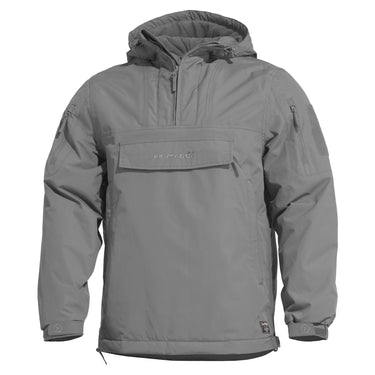 Gray anorak jacket with hood, center front zip, and chest flap pocket