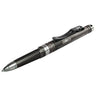 Tactical glassbreaker pen with gunmetal finish, ridged grip, and pocket clip