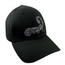 Black stretch-fit cap with embroidered logo on front panel