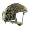 Camouflage helmet cover with side padding, straps, and ear guard
