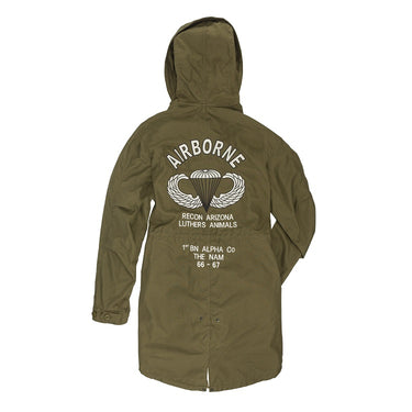 Olive green parka with hood; large back AIRBORNE parachute crest embroidery.