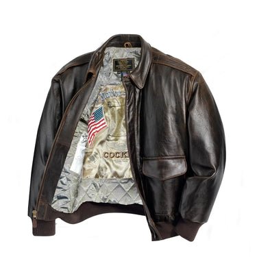 Black leather A-2 bomber jacket with open front, showing printed satin lining