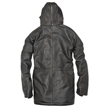 Back view long lambskin parka with hood and stitched center seam