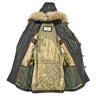 Dark leather long parka with fur-trim hood and camouflage lining