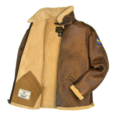 Shearling bomber jacket in brown leather with shearling lining, side pockets and zip