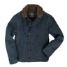 Bedford cord jacket in dark navy with brown shearling collar and button front.