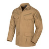 Tan tactical uniform shirt with button front, stand collar, and multiple chest pockets