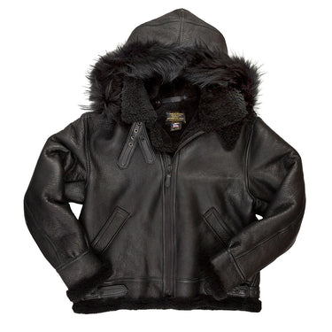 Black hooded sheepskin bomber jacket with full-zip front and thick fur collar trim