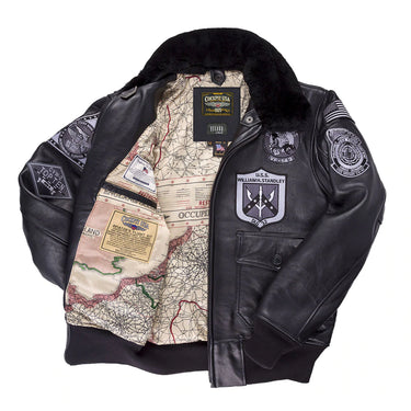 Black leather flight jacket with shearling-style collar and inner map lining, front zip