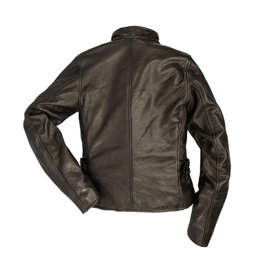 Women’s Cockpit USA leather cafe racer jacket, back view, zip pockets, black
