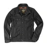 Black leather jean jacket with stand collar, snap front, and two chest flap pockets