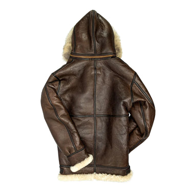 Brown leather hooded B3 coat with shearling trim and center back seam.