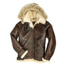 Brown B3 leather hooded coat with shearling lining and front zipper.