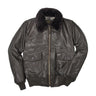 Leather G-1 bomber jacket with dark fur collar, zip front, and two chest pockets.