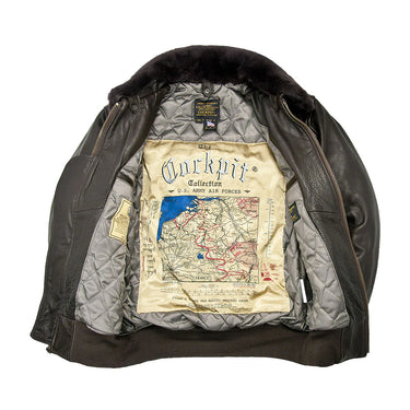 G-1 bomber jacket interior lining with map graphic and fur-trim collar.