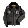 Black leather bomber jacket with faux-fur collar, front patches, and zip pockets